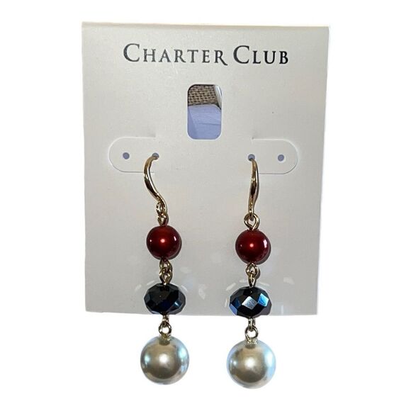 Charter Club Gold-Tone Bead Imitation Pearl Multicolor Red White Blue Earrings - Picture 2 of 3
